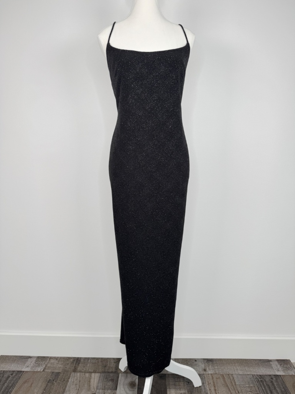 Vintage 90s Bari Jay Backless Shimmering Slip Evening Gown Sz 8P Black Prom Gala